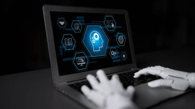 Bilgi, hedef, görev yönetimi ve sistem optimizasyonu ikonları ile yapay zeka veya insan güdümlü beceri edinme ve eğitim Latch