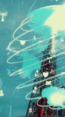 Dünya çapında internet ağı bağlantıları kavramında küresel iş değişikliğinin ve mavi gökyüzüne karşı e-ticaretin 3 boyutlu grafiğine sahip telekomünikasyon kulesi .