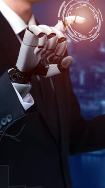 Gelecekçi robot yapay zeka devrimci yapay zeka teknoloji geliştirme ve makine öğrenme kavramı. Gelecekteki insan hayatı için küresel robot engelleme zinciri araştırması. 3B görüntüleme grafiği