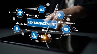 This image illustrates a modern risk management concept, featuring a digital interface with various icons that signify assessment, control, and security strategies essential for businesses. Tessel