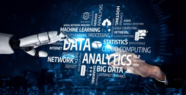 A captivating visual of a human hand reaching out to a robot hand, representing the synergy between technology and human expertise in data analytics and cloud computing. Tessel