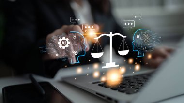 AI in law and the future of the legal justice system. A concept of AI assisting in legal debate, analysis, and decision making. Motif