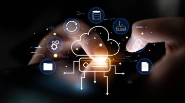 A cloud storage and data synchronization service ecosystem. A concept of cloud computing for file storage, backup, and sharing across devices. Motif