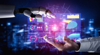 A robot hand reaches towards a human hand in a dynamic display of digital data visualization, highlighting technology, innovation, and interaction. Impute