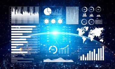 Küresel perspektif ve bağlantılılıkla çevrili çeşitli grafikler, grafikler ve analitik unsurlardan oluşan parlak ve modern bir veri görselleştirme paneli. Etki