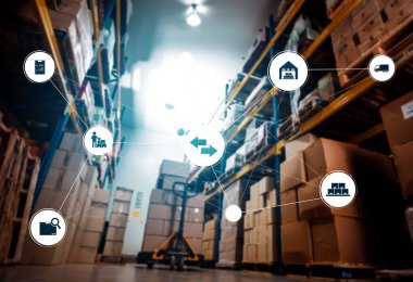 Paket toplama ve teslimatı tanımlamak için teknolojinin yenilikçi interneti olan akıllı depo yönetim sistemi. Gelecekteki tedarik zinciri ve lojistik ağ işi kavramı .