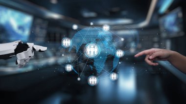 A captivating image depicting the interaction between a human hand and a robot hand reaching towards a digital world map filled with people icons, symbolizing technology and connection. Auvana