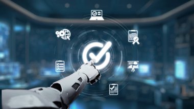 A robotic hand interacts with digital icons signifying technology, innovation, and project success within a modern workspace, illustrating the future of automation and connectivity. Auvana