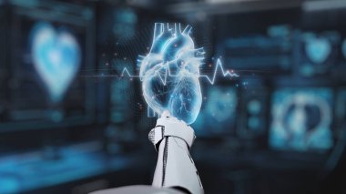 Tıbbi verilere ya da teşhis semptomlarına ulaşmak için robot ellerle kalp hologramına tıklayın. Semptomu analiz ederken kalp simülasyonunu kontrol eden robot el. Sağlıklı..