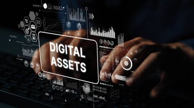 Hands Typing on Keyboard with Overlaid Graphics Representing Digital Assets and Data Analysis for Technology Solutions. Asymptotic smart data analytic.