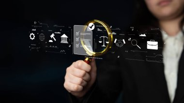 The process of ensuring regulatory compliance and finalizing business legal agreements. A concept of meeting standards, due diligence, and contracts. Motif