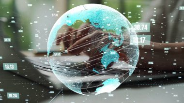 Image depicts a global digital network with a visual representation of Earth, featuring data overlays and a person working on a laptop in a contemporary office setting. Xenic