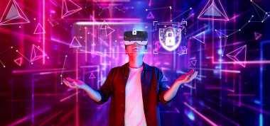 A visually striking depiction of a user immersed in virtual reality, surrounded by cyber security symbols, emphasizing the importance of data privacy and online safety. XDMCP
