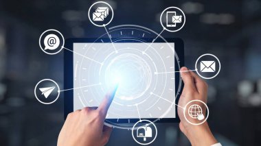 Email icons show digital communication, email service, and inbox management. Email supports online messaging, email notification, and secure exchange. Gist