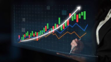 This image showcases a professional analyzing a digital growth chart, featuring color-coded bars and an upward arrow symbolizing positive trends in finance and business. Copula