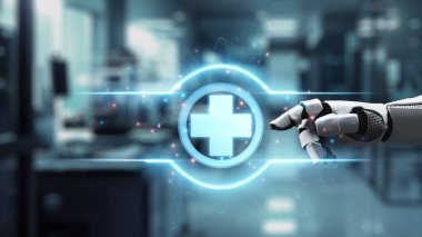 Robotik el işaretini kapat ve bulanık laboratuvar geçmişine sahip çapraz holograma dokun. Tıbbi verilere erişmek ve onları teşhis etmek için robot el tıklaması. Sağlıklı..