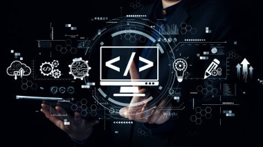 Kodlama sembolleri, web geliştirme süreci, web geliştirme arayüzü ve web geliştirme araçlarını içeren modern web geliştirme kavramı. Elide