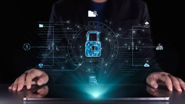 This image illustrates a digital security concept featuring a padlock and data visualization on a laptop screen, emphasizing themes of cybersecurity and technological advancement. Qubit
