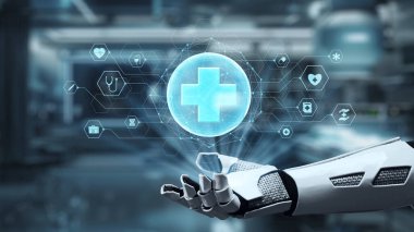 Robotik el işaretini kapat ve bulanık laboratuvar geçmişine sahip çapraz holograma dokun. Tıbbi verilere erişmek ve onları teşhis etmek için robot el tıklaması. Sağlıklı..