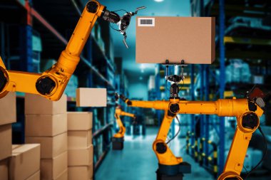 Yenilikçi depo ve fabrika dijital teknolojisi için akıllı robot kol sistemi. İnternet ağına bağlı IOT yazılımı kullanarak endüstri mühendisliği tarafından kontrol edilen otomasyon üretim robotu .