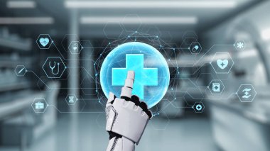 Tıbbi verilere ya da teşhis semptomlarına ulaşmak için robotik el işaretlerini kapatın ve tıbbi çapraz holograma tıklayın. Yapay zeka semptomları analiz ederken robot el çapraz kontrol yapıyor. Sağlıklı..