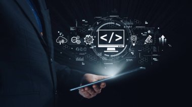 Kodlama sembolleri, web geliştirme süreci, web geliştirme arayüzü ve web geliştirme araçlarını içeren modern web geliştirme kavramı. Elide