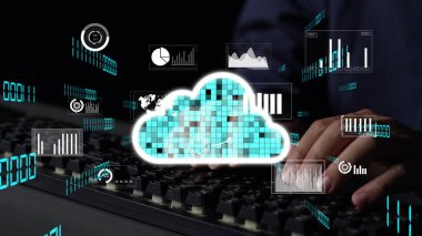 Explore the digital cloud computing landscape with a focus on data analysis and visualization techniques. Perfect for illustrating modern business strategies. Xenic