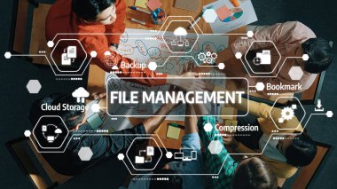 Engaging scene of a diverse group collaborating on file management strategies, utilizing a whiteboard for brainstorming and visual presentation of digital solutions. Amity