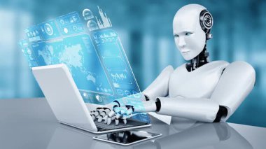 Robot hominoidler dizüstü bilgisayar kullanırlar ve büyük veri analizi için masaya otururlar. Dördüncü endüstriyel devrim için yapay zeka, yapay zeka ve makine öğrenme yöntemlerini kullanarak. 3B görüntüleme.