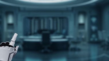 A robotic hand points to a digital interface displaying an updating status with a progress bar, symbolizing advanced technology in automation and artificial intelligence. Auvana