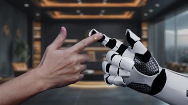 A dynamic scene depicting a human hand and a robotic hand engaging with digital education symbols, emphasizing the intersection of technology and learning in a modern workspace. Auvana