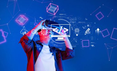 A software developer explores virtual reality tools while engaging with coding symbols and digital graphics. The vibrant blue background enhances the tech-savvy atmosphere. XDMCP