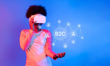 A person wearing a virtual reality headset engages with B2C marketing concepts, showcasing innovative strategies for customer interaction and technology-enhanced communication. XDMCP