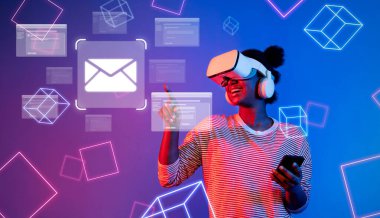 A young woman joyfully engages with virtual reality technology, exploring digital communication through email and messaging, surrounded by vibrant neon graphics. XDMCP