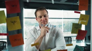 Akıllı iş adamı cam tahtanın önünde bir proje başlatmayı düşünüyor. Gülümseyen erkek proje yöneticisi yaratıcılık pazarlama stratejisini gösteren renkli yapışkan notlara bakıyor. Yönlendirici.