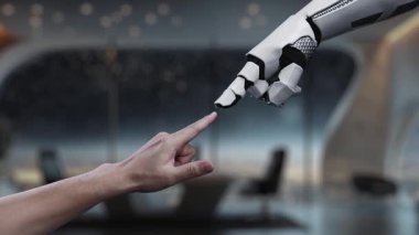 A modern workspace showcases a holographic user interface featuring artificial intelligence data, analyzed through advanced technology and robotic interaction, enhancing productivity. Auvana