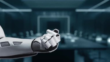 A sleek robotic hand gestures towards a digital shield symbolizing cybersecurity and data protection, illustrating the intersection of technology and security in a modern workspace. Auvana