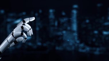 Gelecekçi robot yapay zeka yapay zeka yapay zekayı aydınlatıyor ve makine öğrenme kavramını geliştiriyor. İnsan hayatının geleceği için küresel robot biyonik bilim araştırması. 3B görüntüleme grafiği.