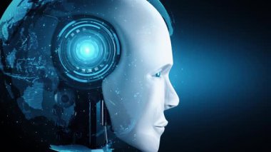 Robot hominoid face close up with graphic concept of big data analytic by AI thinking brain, artificial intelligence and machine learning process for the 4th fourth industrial revolution. 3D rendering