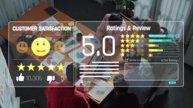 A modern office scene showcasing customer satisfaction metrics, ratings, and reviews. The image reflects positive feedback with engaging graphics, highlighting teamwork and digital tools. Raster