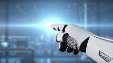 A futuristic robot hand points towards a rising graph in a high-tech environment, symbolizing financial growth and data-driven innovation in modern investment analytics. Auvana