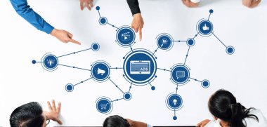 A dynamic business meeting scene featuring diverse professionals discussing advertising strategies. Digital icons and connections illustrate marketing concepts and innovative ideas. Amity