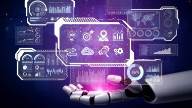 AI reading big data visualization dashboard, analyzing insights, identifying patterns, and generating strategic decisions through automated data interpretation. Marrow