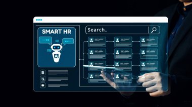 Bu resim, dijital çalışma alanında verimli eleman alımı ve çalışan yönetimi için bir Al-integral yazılım arayüzünü vurgulayan yenilikçi akıllı HR teknolojisini sergiliyor. Dörtgen