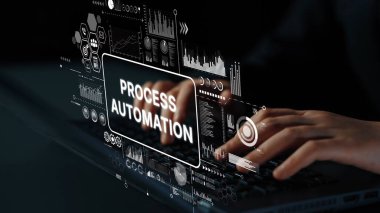 Hands Typing on Keyboard with Digital Interface and Process Automation Concept in a Modern Workspace. Asymptotic smart data analytic.