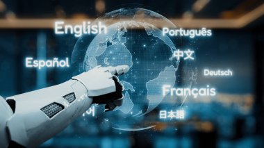 Robotik bir kol, küresel iletişim ve kültürel etkileşimdeki teknolojik gelişmeleri sembolize ederek farklı dilleri gösteren parıldayan bir dünya haritasına işaret ediyor. Auvana