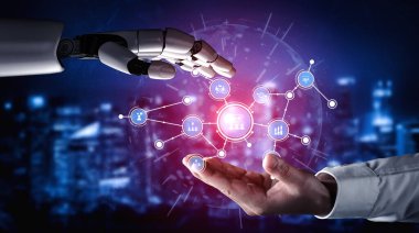 This image showcases a robotic hand reaching out to a human hand, symbolizing the convergence of technology and human interaction in a digital future. Tessel