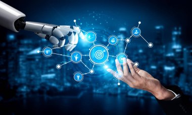 A captivating scene showcasing a human hand reaching out to a robotic arm, emphasizing the blend of technology and human interaction in a modern, digital landscape. Tessel