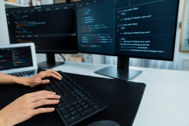 Bilgisayarda kodlama programı veri web sitesi uygulaması ile bilgi yazarken, kot gömlek giyip güvenlik analizi yaparken görüntülenmiş bir IT geliştiricisi görüntüsü. Taktik.