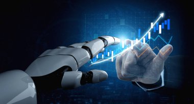 A robotic hand reaches towards a dynamic digital business growth chart, symbolizing the intersection of technology and finance in modern analytics. Impute